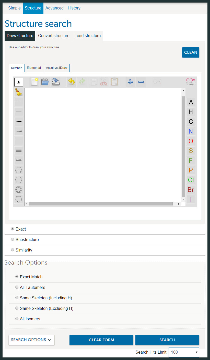 The structure search interface, showing the embedded structure editor 